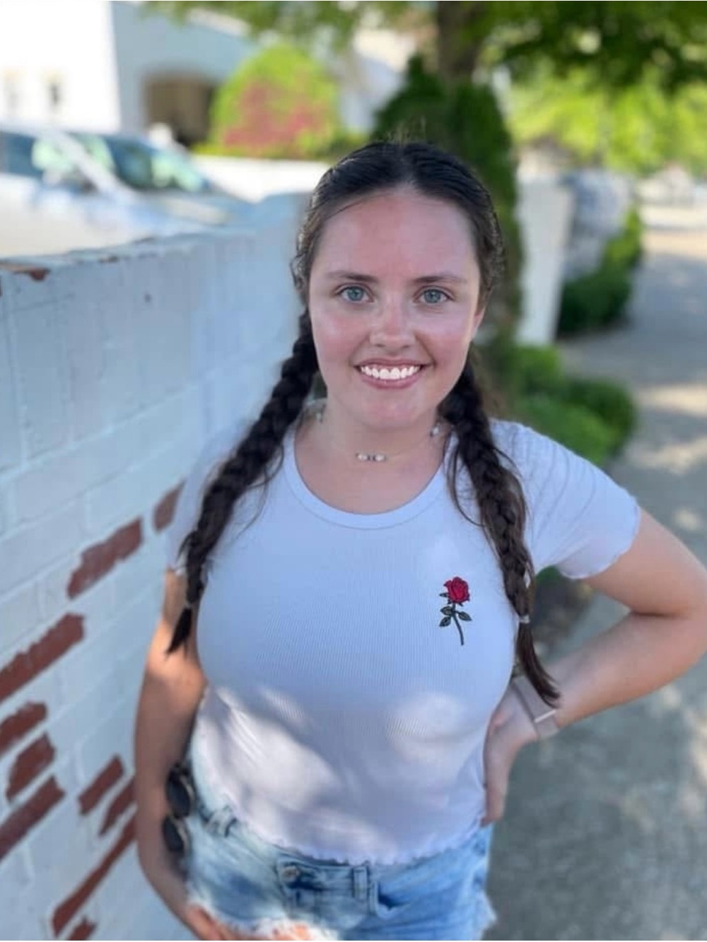 Lavender Ribbed Tee with Embroidered Red Rose